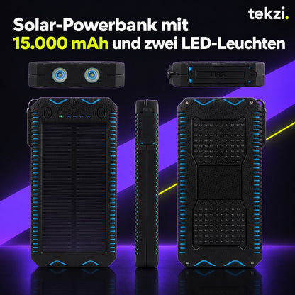 tekzi Solar-Powerbank mit 15.000 mAh und zwei LED-Leuchten – Ansicht 3 im TEKZI-Design