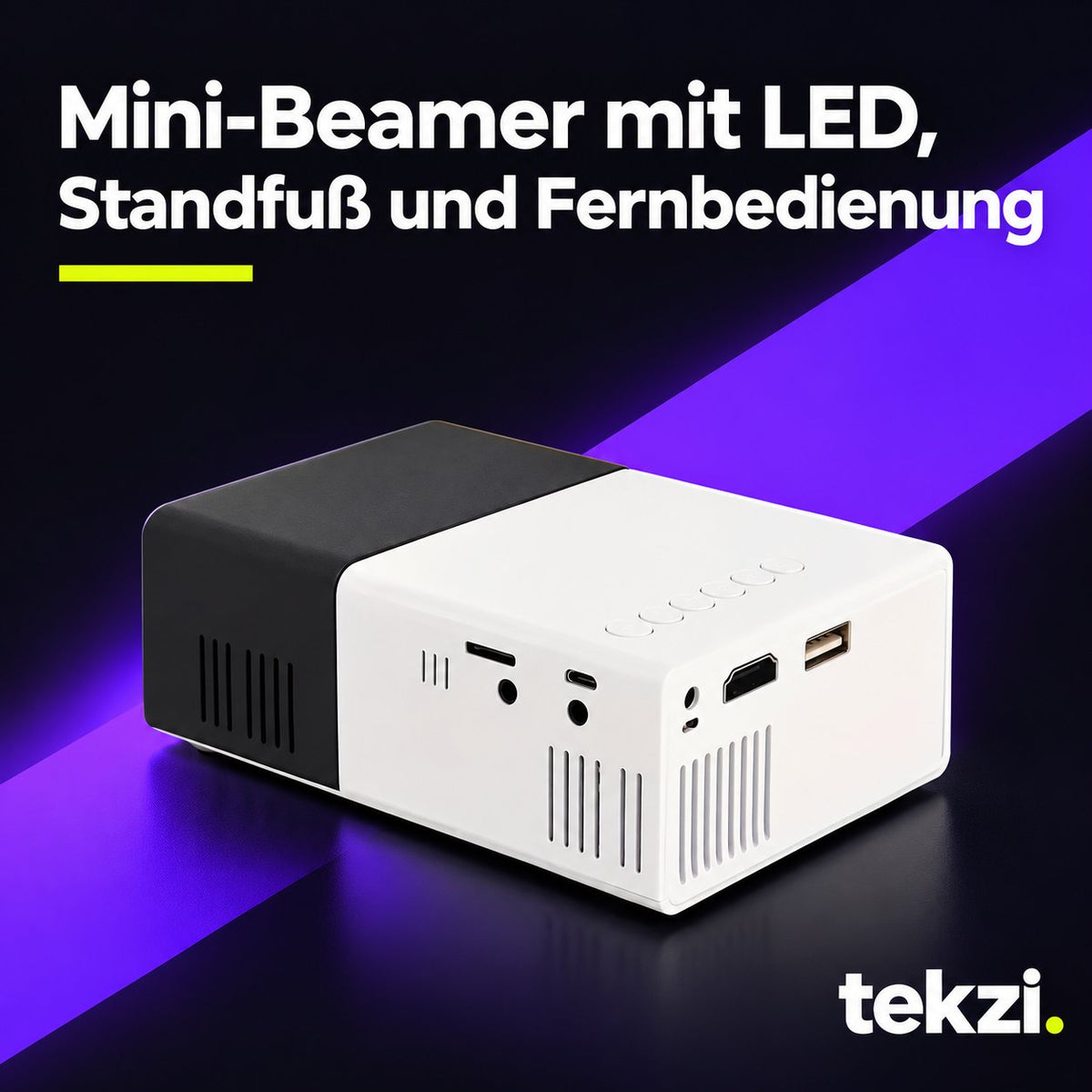 tekzi Mini-Beamer mit LED, Standfuß und Fernbedienung – Ansicht 5 im TEKZI-Design