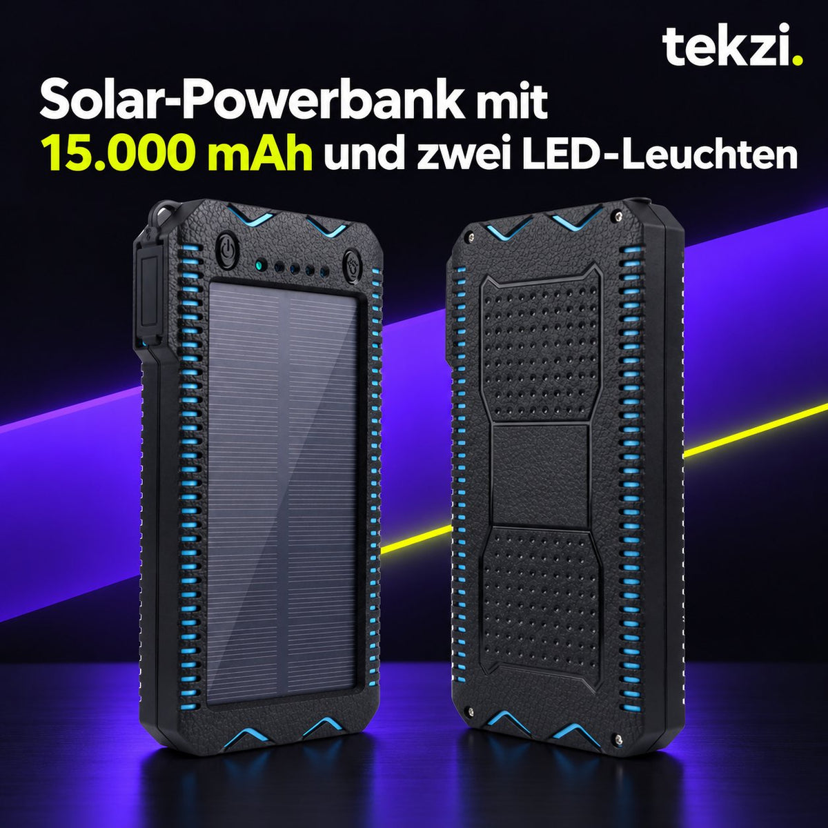 tekzi Solar-Powerbank mit 15.000 mAh und zwei LED-Leuchten – Ansicht 1 im TEKZI-Design