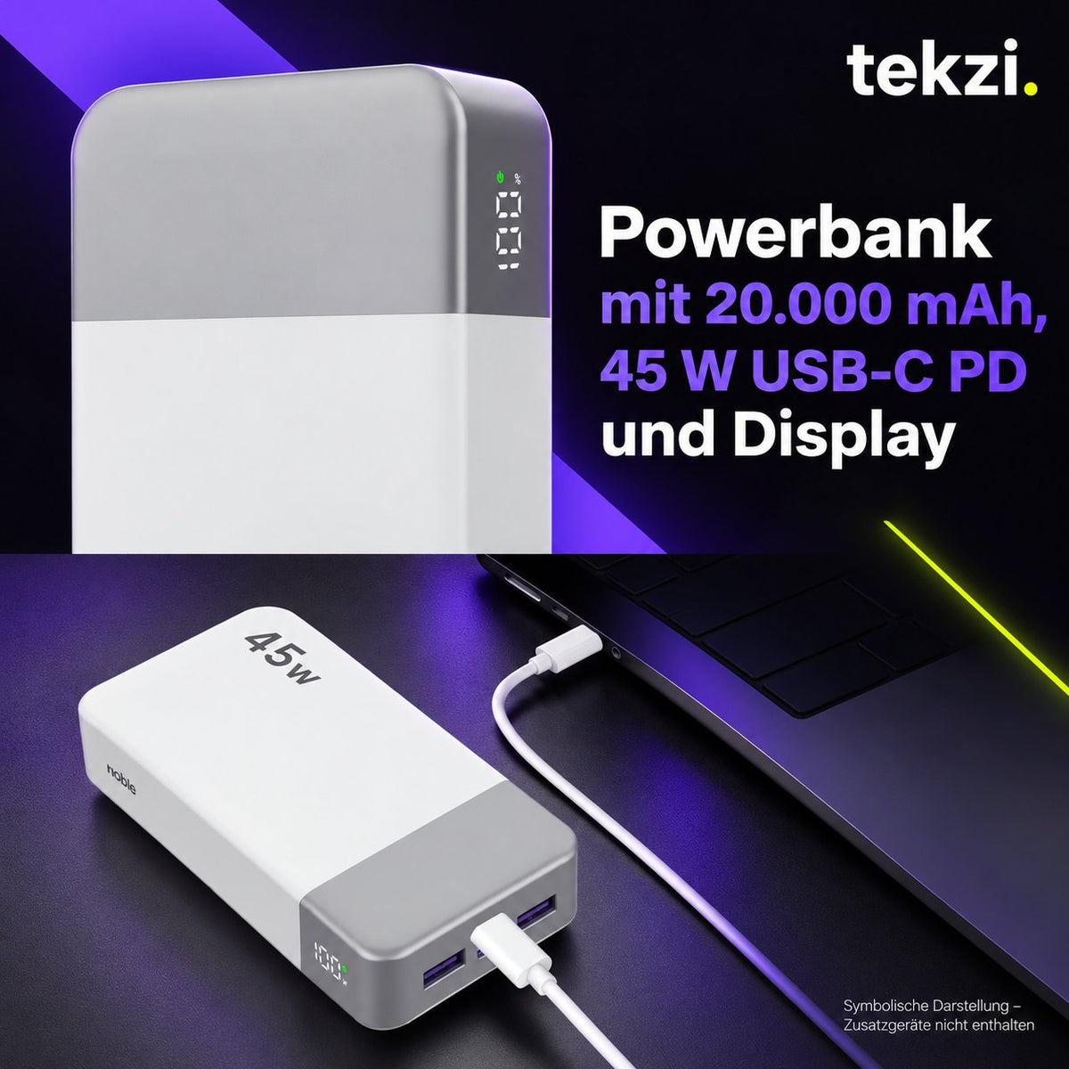 tekzi Powerbank mit 20.000 mAh, 45 W USB-C PD und Display – Ansicht 4 im TEKZI-Design