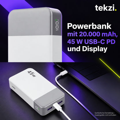 tekzi Powerbank mit 20.000 mAh, 45 W USB-C PD und Display – Ansicht 4 im TEKZI-Design