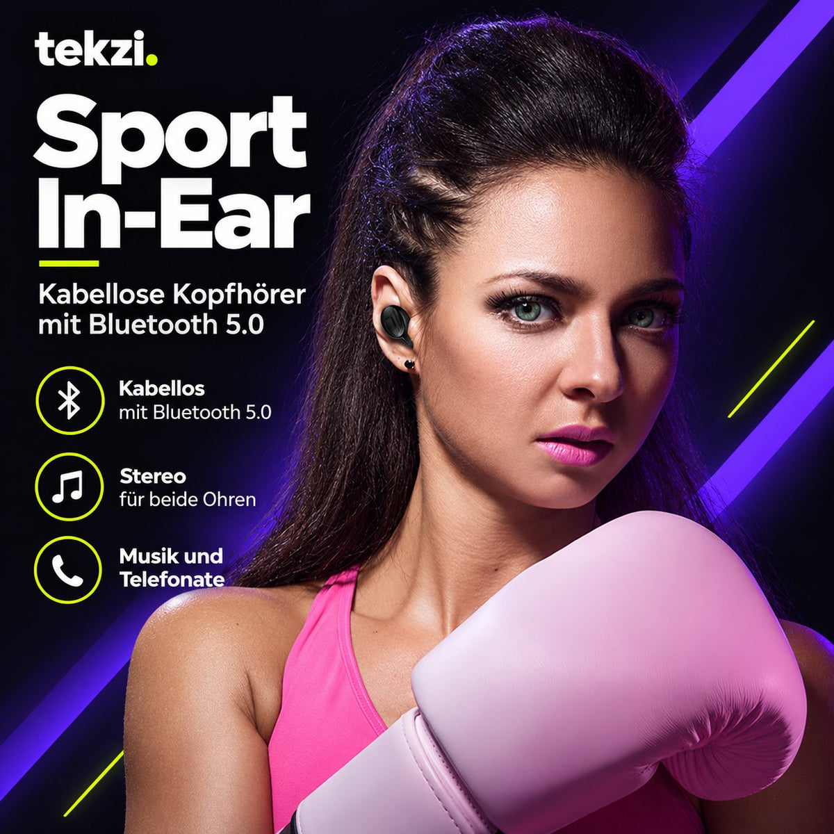 tekzi Kopfhörer Sport In-Ear mit Bluetooth 5.0 – Schwarz – Produktansicht 4 im TEKZI-Design