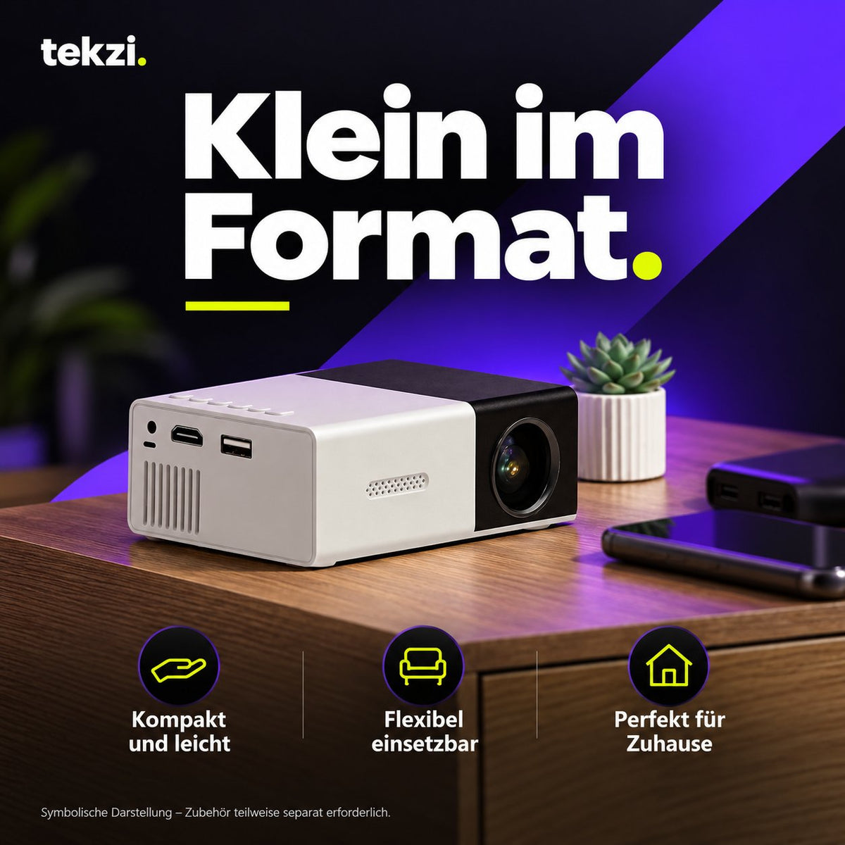 tekzi Mini-Beamer mit LED, Standfuß und Fernbedienung – Produktansicht im TEKZI-Design