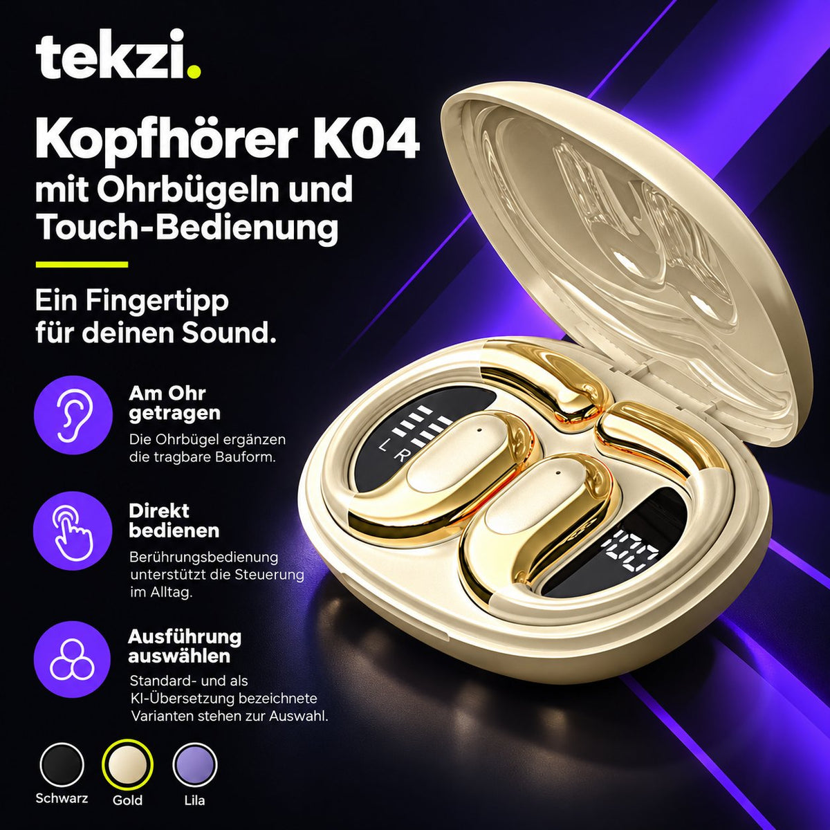 tekzi Kopfhörer K04 mit Ohrbügeln und Touch-Bedienung – Produktansicht 3 im TEKZI-Design
