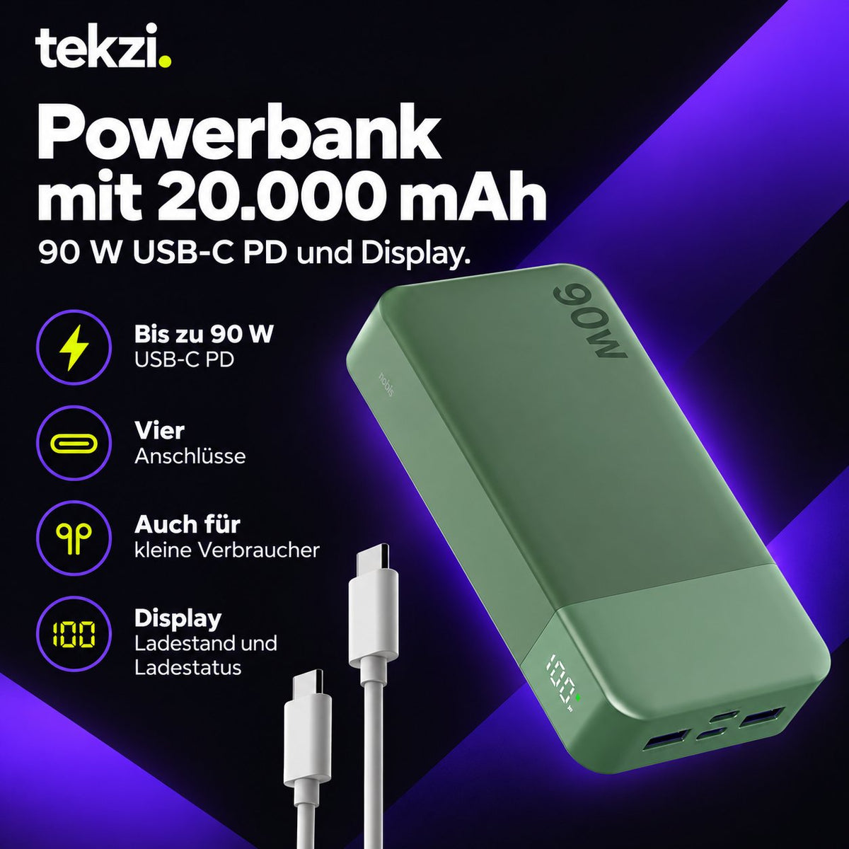 tekzi Powerbank mit 20.000 mAh, 90 W USB-C PD und Display – Produktansicht 1 im TEKZI-Design