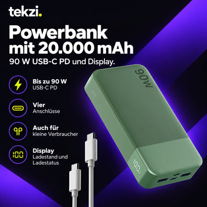 tekzi Powerbank mit 20.000 mAh, 90 W USB-C PD und Display – Produktansicht 1 im TEKZI-Design