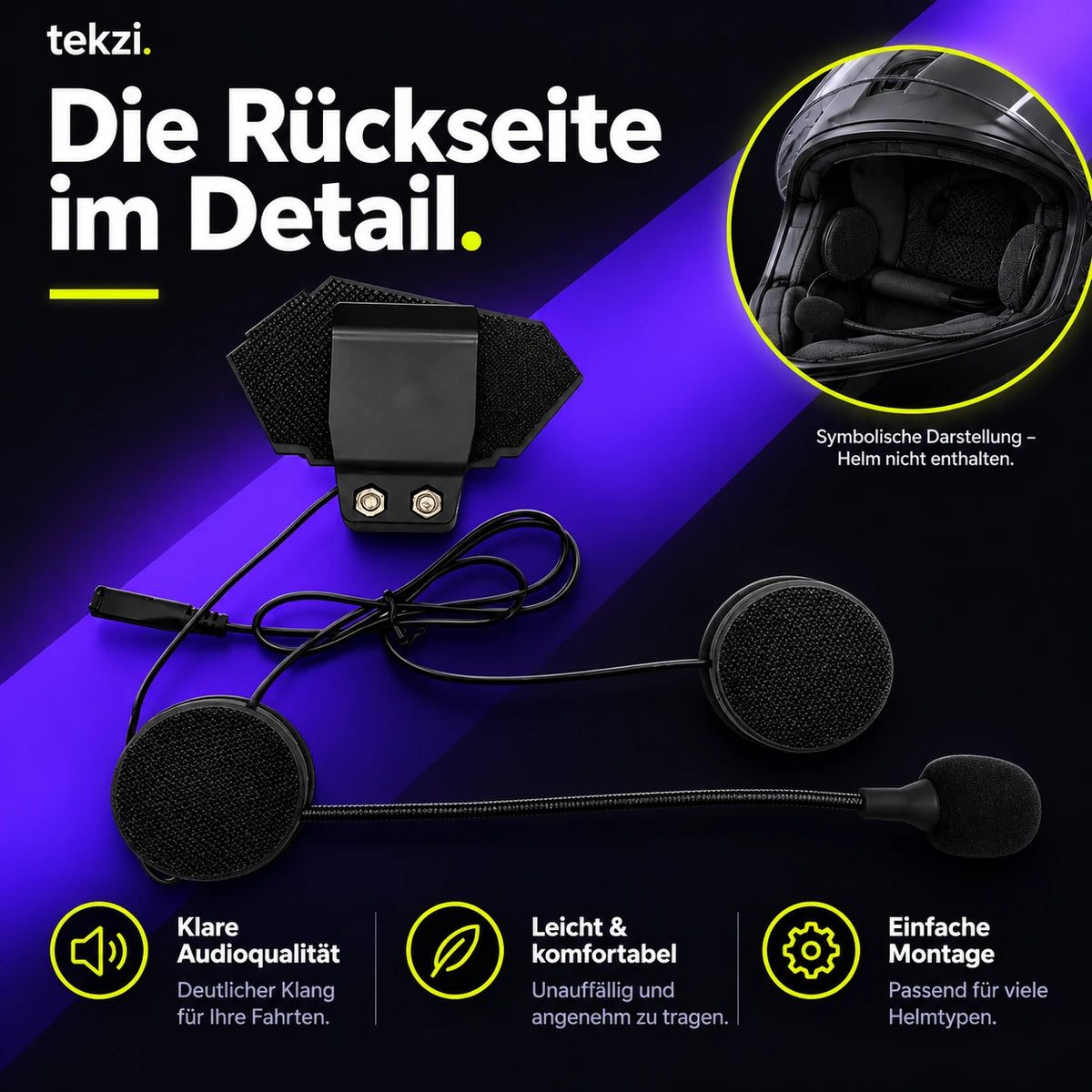 tekzi Motorradhelm-Headset BT12 mit Bluetooth 5.4 und Mikrofon – Produktansicht im TEKZI-Design