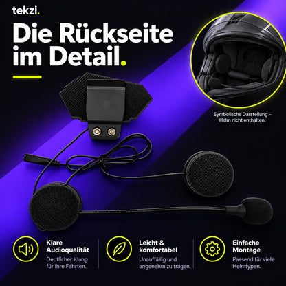 tekzi Motorradhelm-Headset BT12 mit Bluetooth 5.4 und Mikrofon – Produktansicht im TEKZI-Design