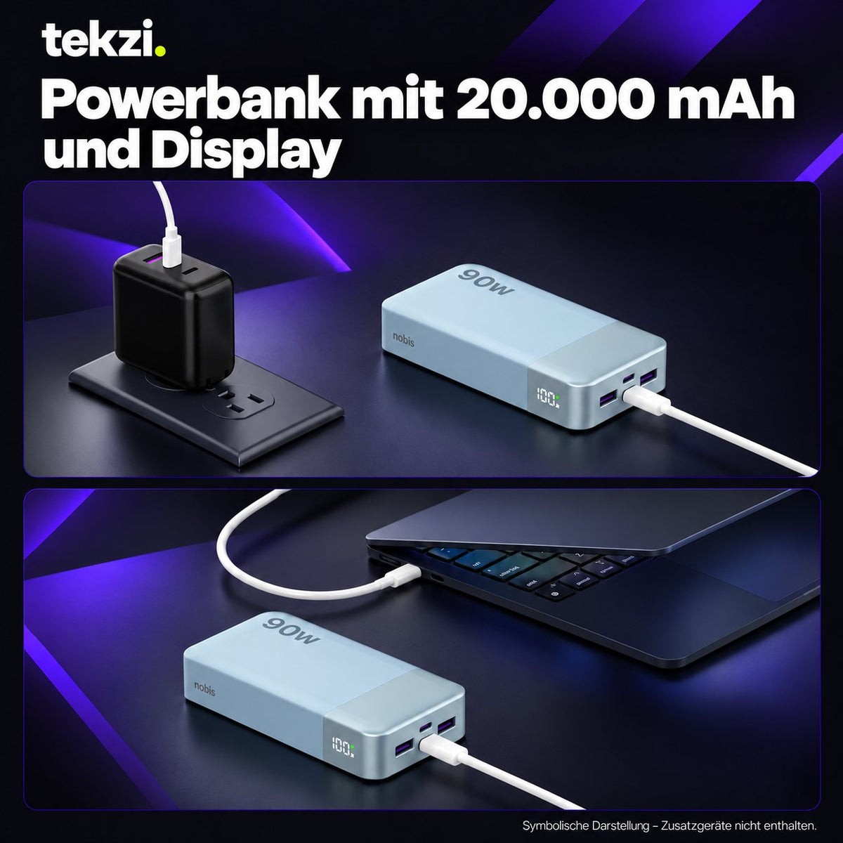 tekzi Powerbank mit 20.000 mAh, 90 W USB-C und LED-Display – Ansicht 4 im TEKZI-Design