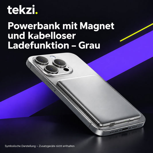 tekzi Powerbank mit Magnet und kabelloser Ladefunktion – Grau – Ansicht 1 im TEKZI-Design