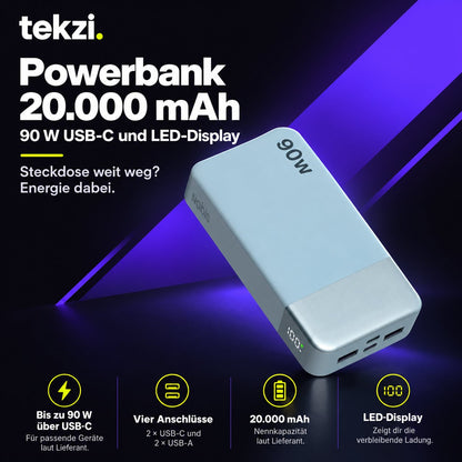 tekzi Powerbank mit 20.000 mAh, 90 W USB-C und LED-Display – Produktansicht 2 im TEKZI-Design