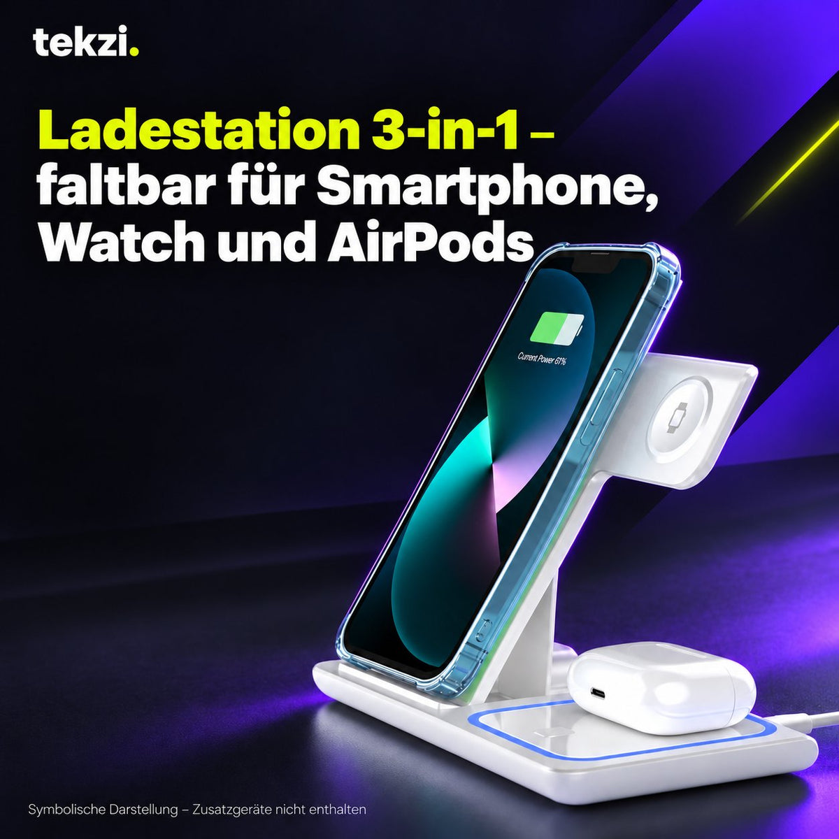 tekzi Ladestation 3-in-1 – faltbar für Smartphone, Watch und AirPods – Ansicht 6 im TEKZI-Design