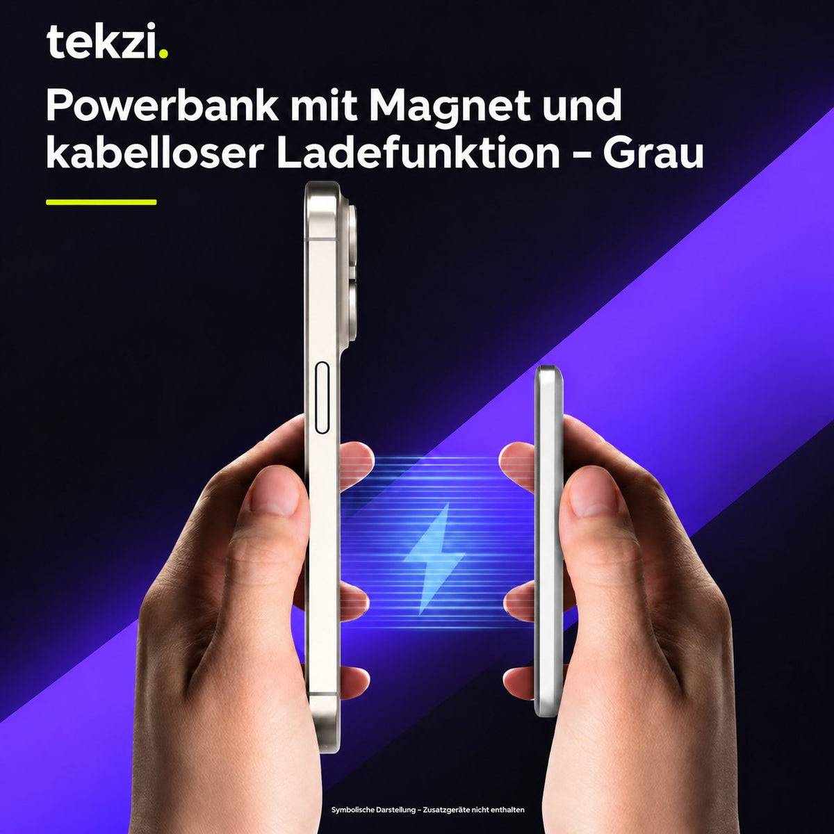 tekzi Powerbank mit Magnet und kabelloser Ladefunktion – Grau – Ansicht 3 im TEKZI-Design