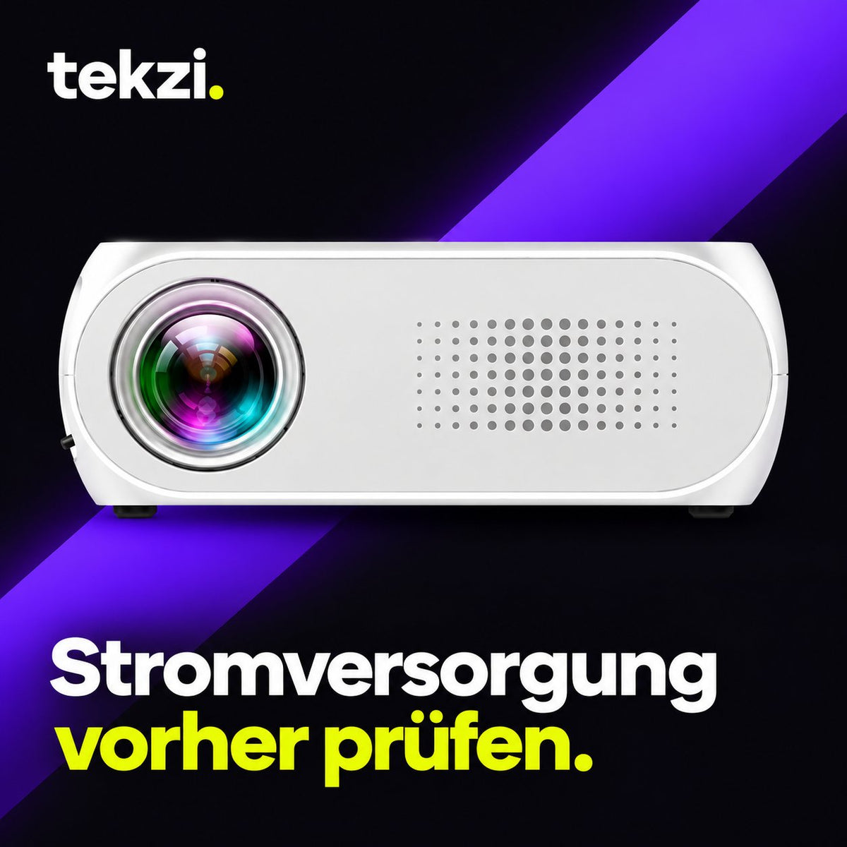 Weißer Mini-Beamer YG320 mit Hinweis zur Stromversorgung – TEKZI
