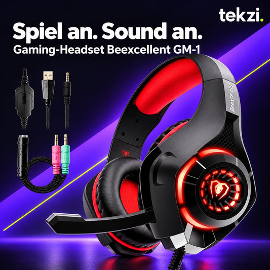 Schwarz-rotes Gaming-Headset Beexcellent GM-1 mit Mikrofon und Anschlussdetails im TEKZI-Design