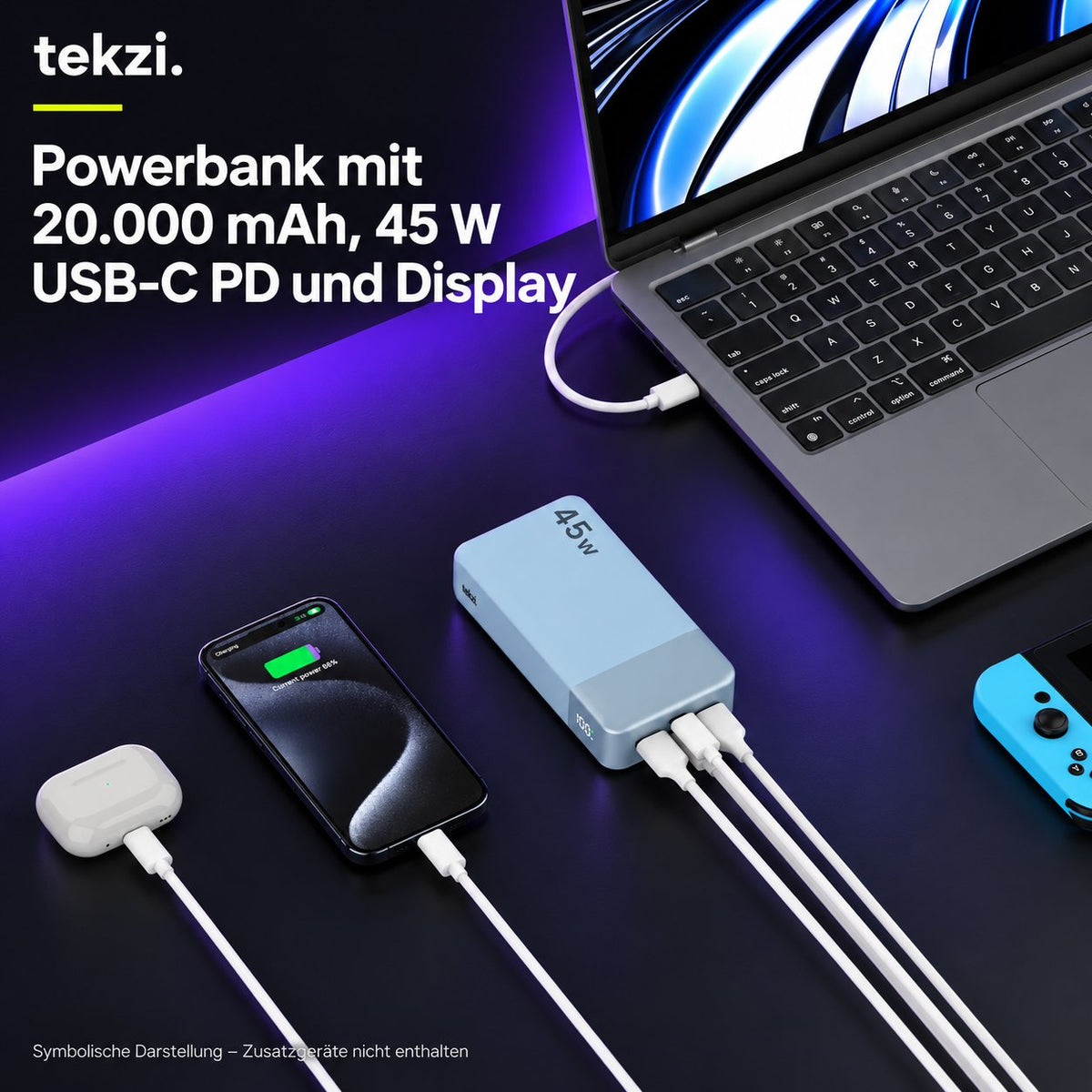 tekzi Powerbank mit 20.000 mAh, 45 W USB-C PD und Display – Ansicht 2 im TEKZI-Design