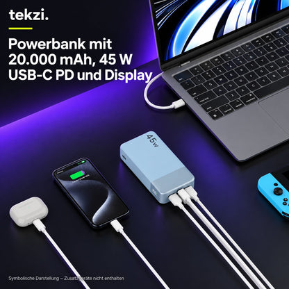 tekzi Powerbank mit 20.000 mAh, 45 W USB-C PD und Display – Ansicht 2 im TEKZI-Design