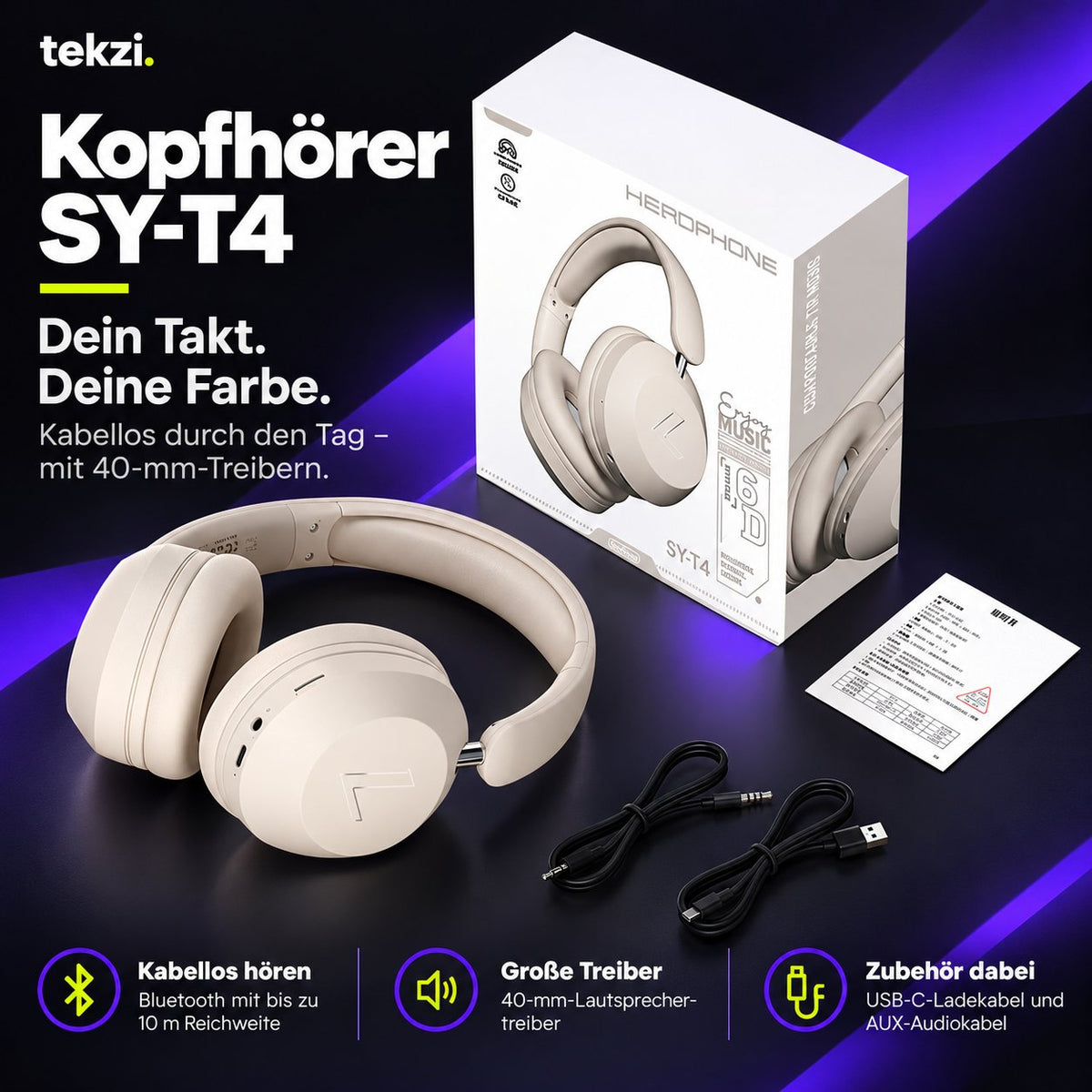 tekzi Kopfhörer SY-T4 mit Bluetooth und 40-mm-Treibern – Produktansicht 6 im TEKZI-Design