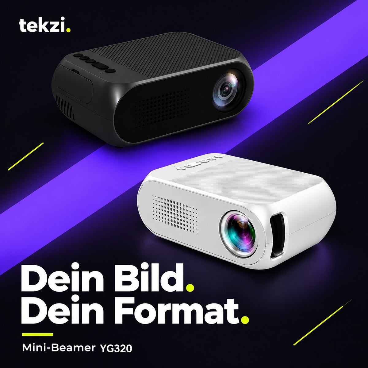 Mini-Beamer YG320 – Ansicht 1 im deutschen TEKZI-Design