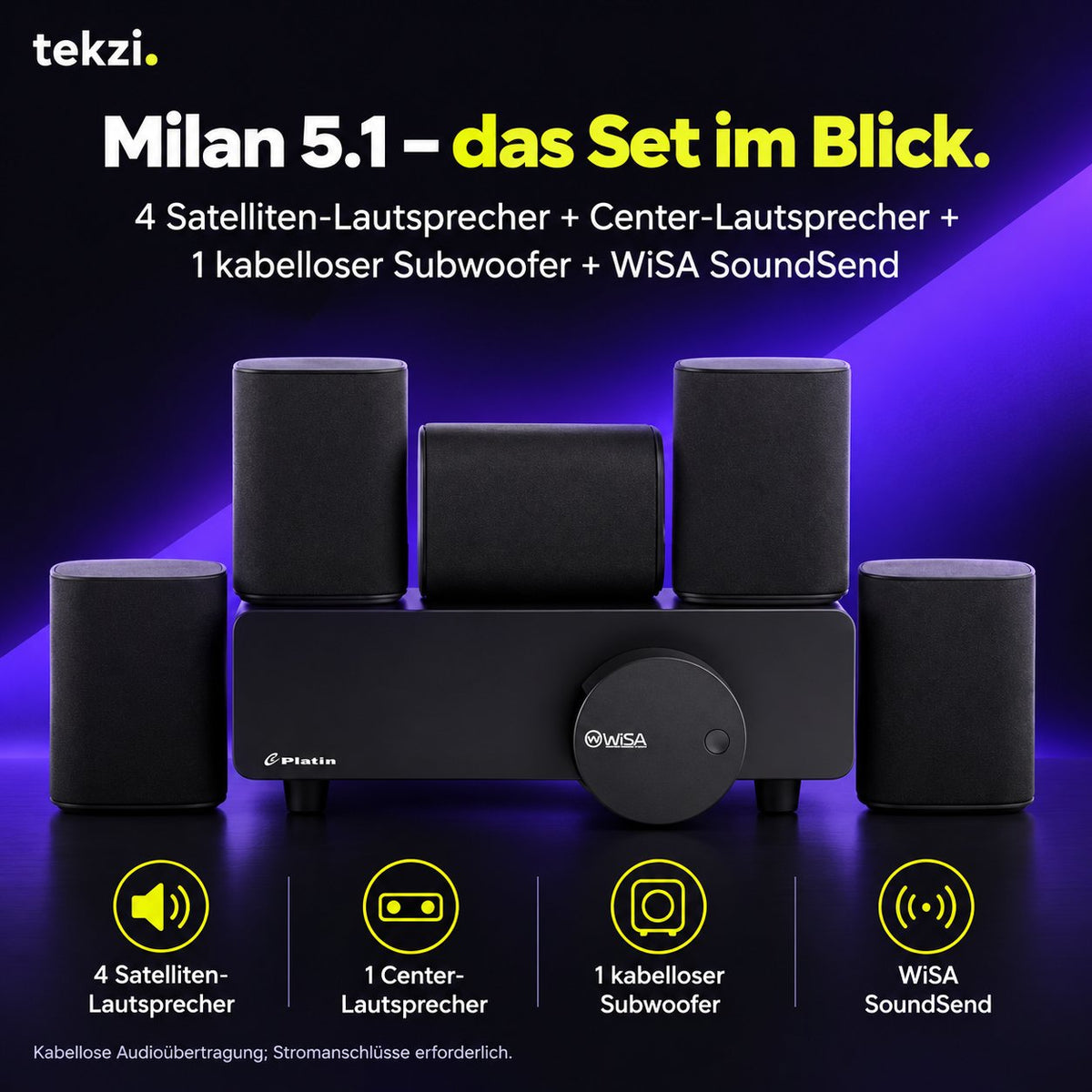 tekzi Heimkino-Lautsprecherset Milan 5.1 mit WiSA – Schwarz – Produktansicht im TEKZI-Design