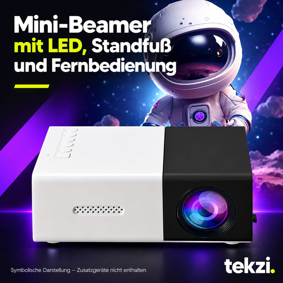 tekzi Mini-Beamer mit LED, Standfuß und Fernbedienung – Ansicht 8 im TEKZI-Design