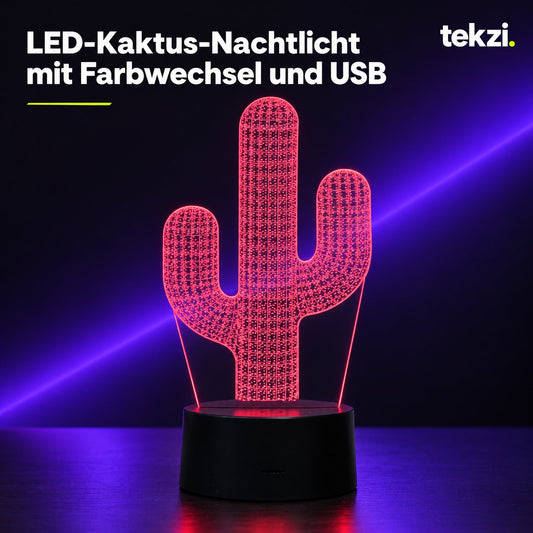 tekzi LED-Kaktus-Nachtlicht mit Farbwechsel und USB – Ansicht 1 im TEKZI-Design