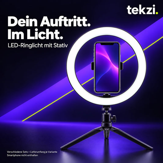 LED-Ringlicht mit Tischstativ und Smartphonehalter im TEKZI-Design – Setumfang je Variante, Smartphone nicht enthalten