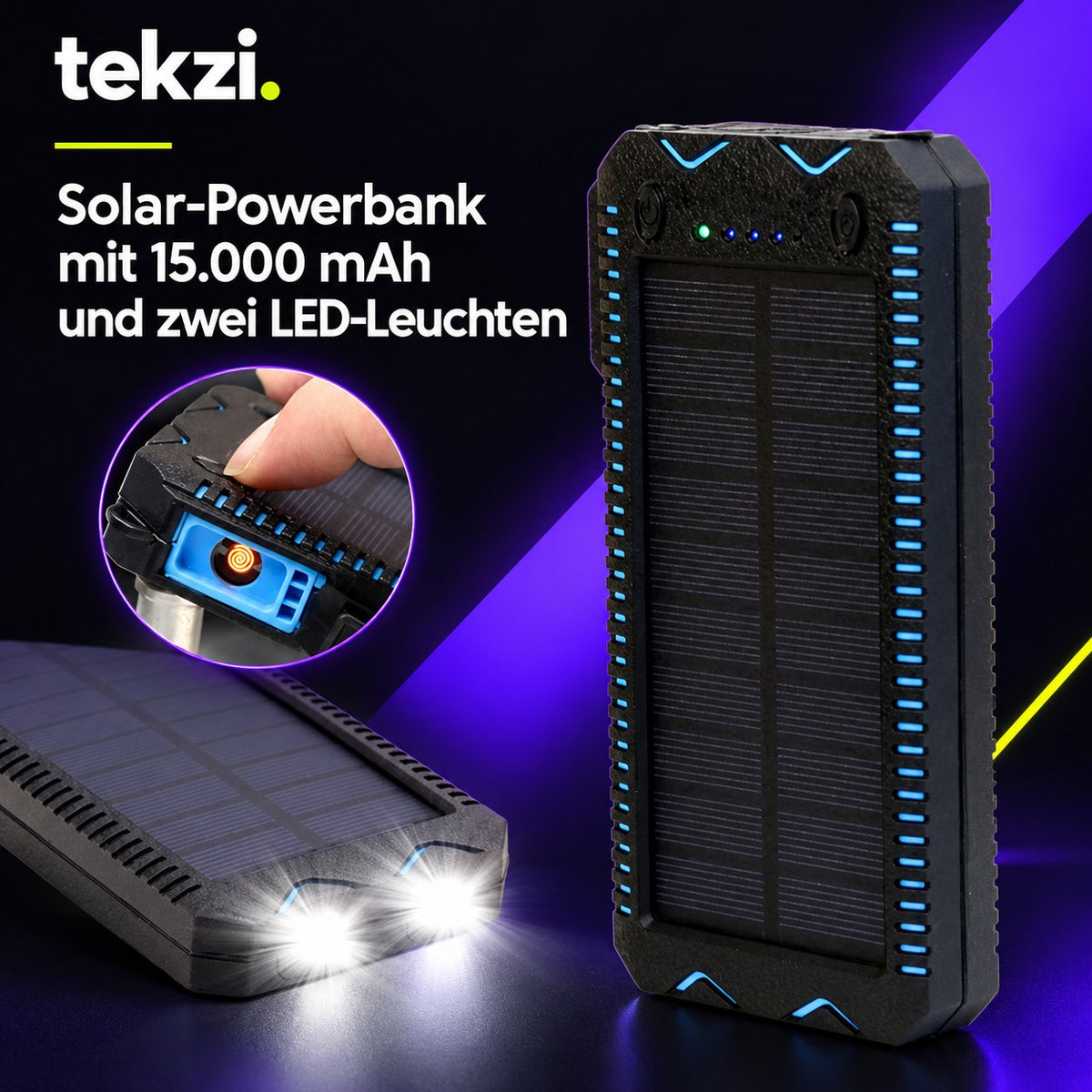 tekzi Solar-Powerbank mit 15.000 mAh und zwei LED-Leuchten – Ansicht 5 im TEKZI-Design