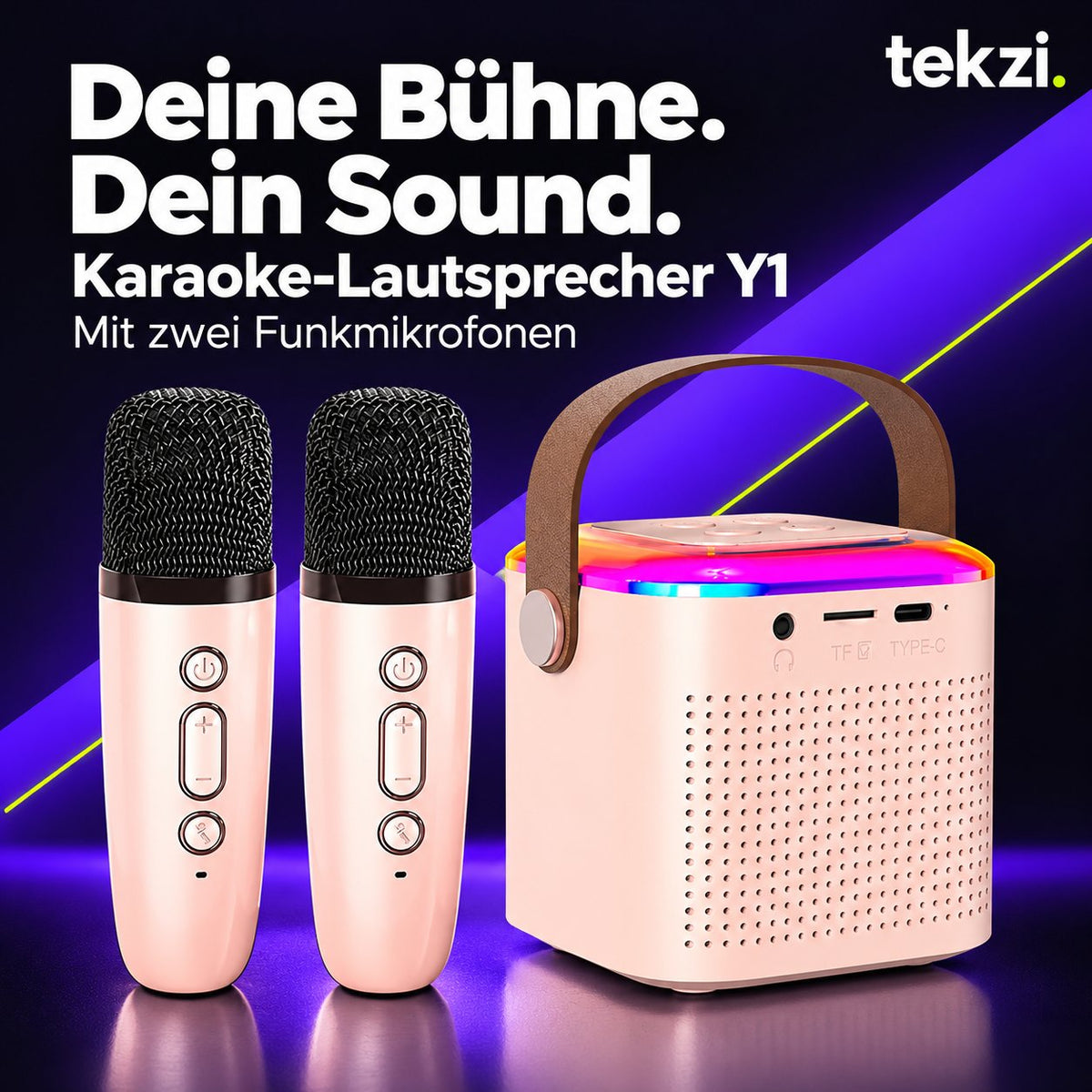 Rosa Karaoke-Lautsprecher Y1 mit zwei Funkmikrofonen und RGB-Licht im TEKZI-Design