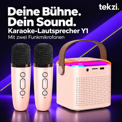 Rosa Karaoke-Lautsprecher Y1 mit zwei Funkmikrofonen und RGB-Licht im TEKZI-Design