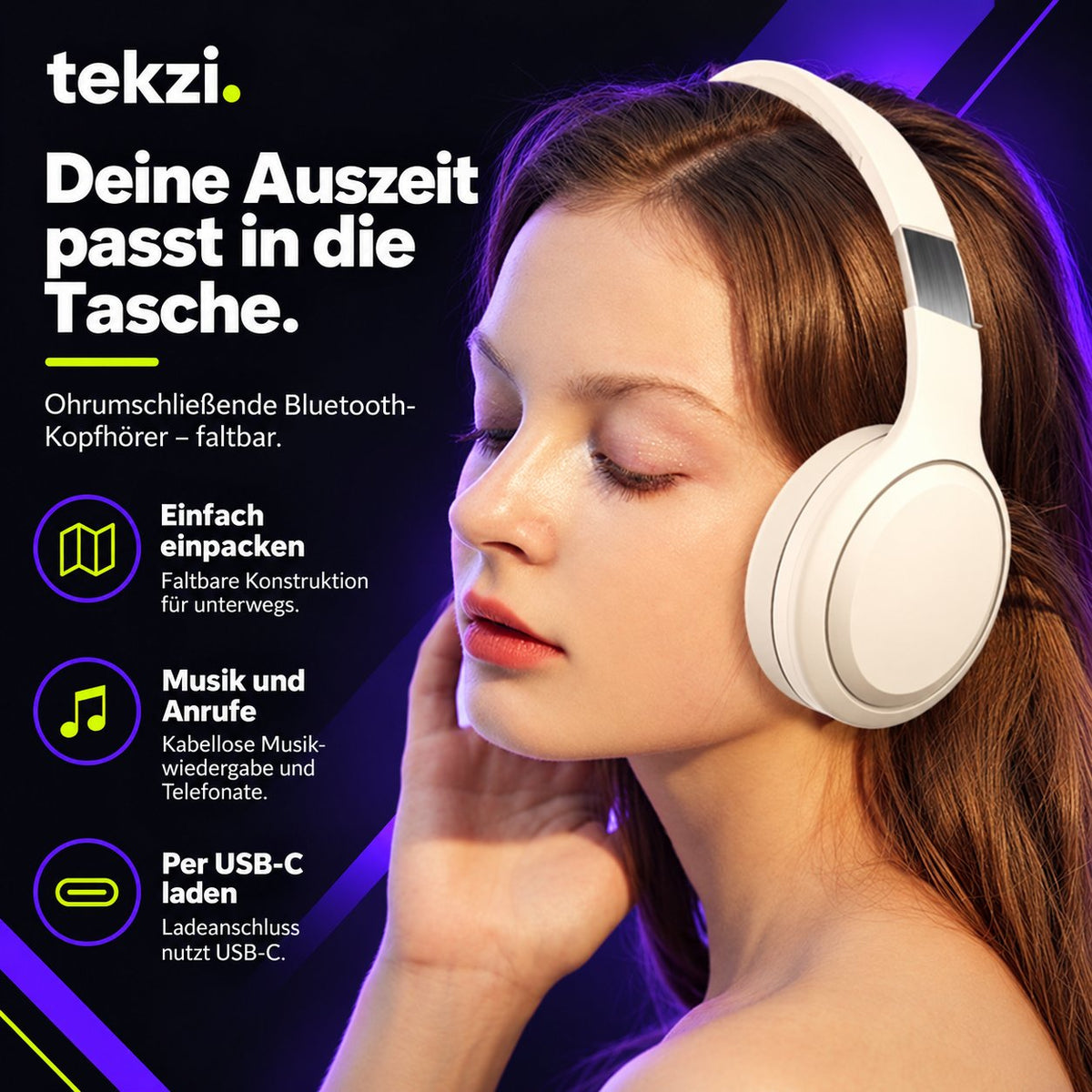 tekzi Kopfhörer Over-Ear mit Bluetooth und USB-C – faltbar – Produktansicht 4 im TEKZI-Design