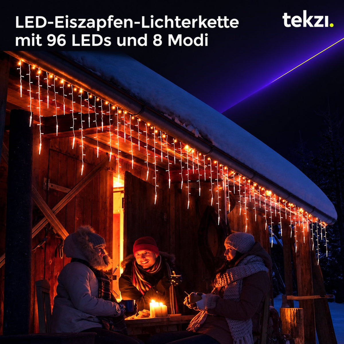 tekzi LED-Eiszapfen-Lichterkette mit 96 LEDs und 8 Modi – Ansicht 2 im TEKZI-Design