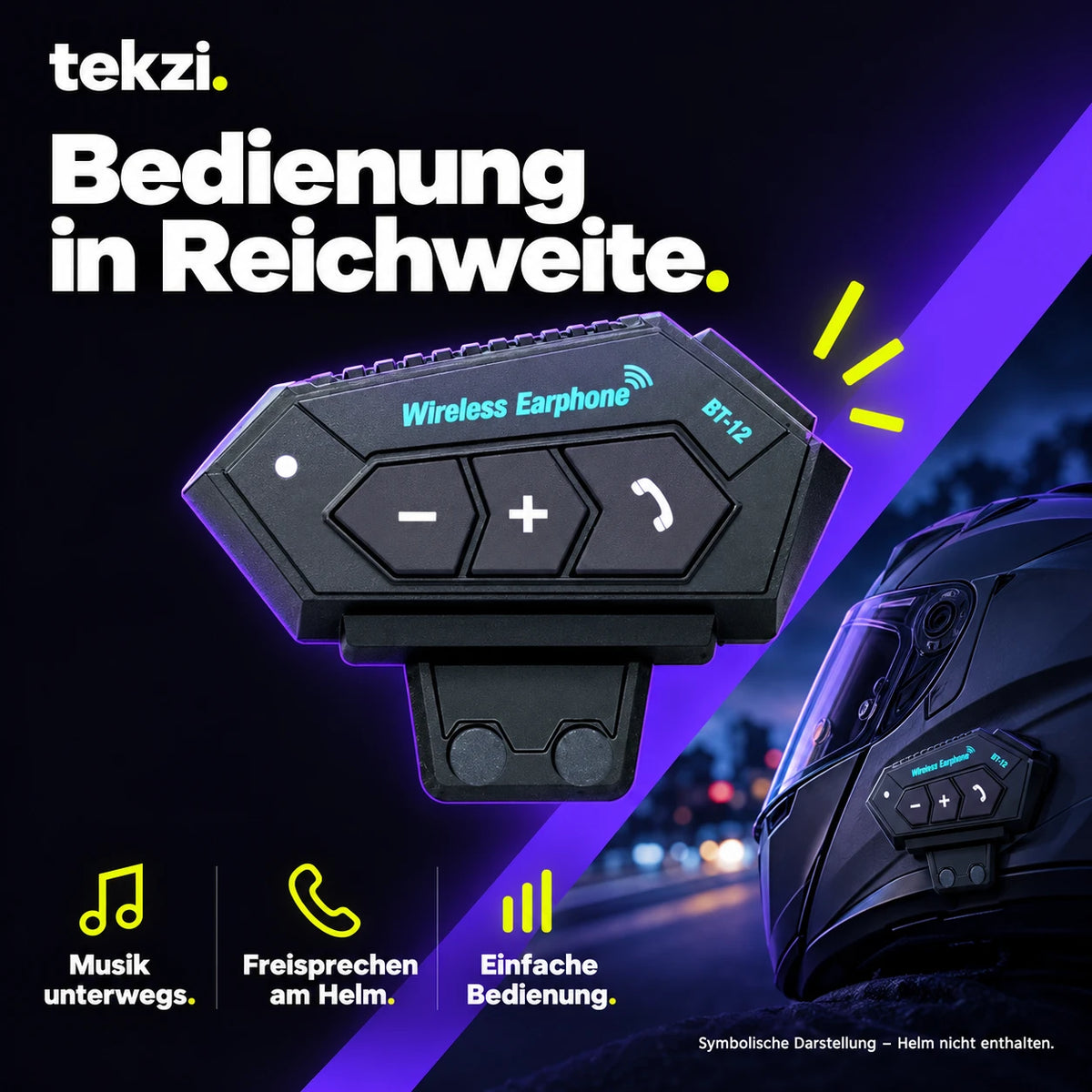 tekzi Motorradhelm-Headset BT12 mit Bluetooth 5.4 und Mikrofon – Produktansicht im TEKZI-Design