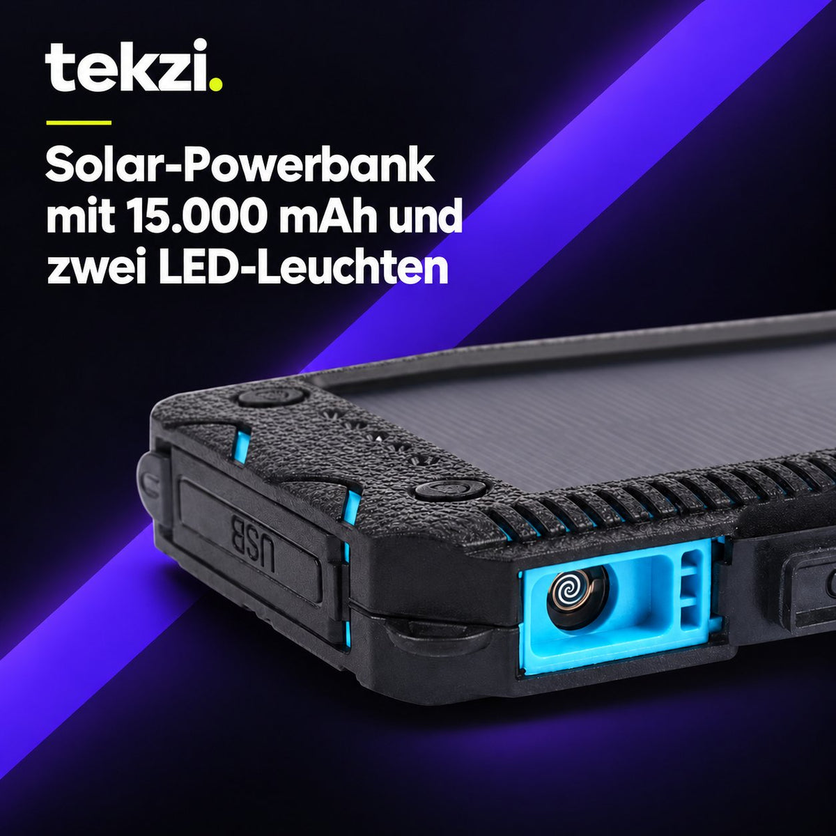 tekzi Solar-Powerbank mit 15.000 mAh und zwei LED-Leuchten – Ansicht 10 im TEKZI-Design