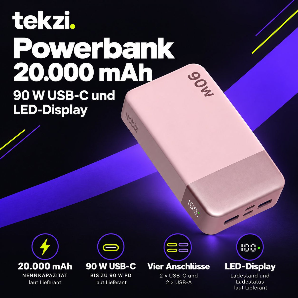 tekzi Powerbank mit 20.000 mAh, 90 W USB-C und LED-Display – Produktansicht 6 im TEKZI-Design