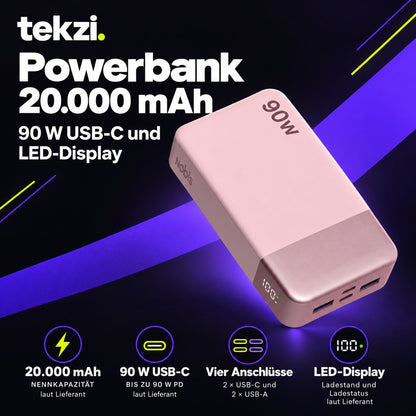 tekzi Powerbank mit 20.000 mAh, 90 W USB-C und LED-Display – Produktansicht 6 im TEKZI-Design