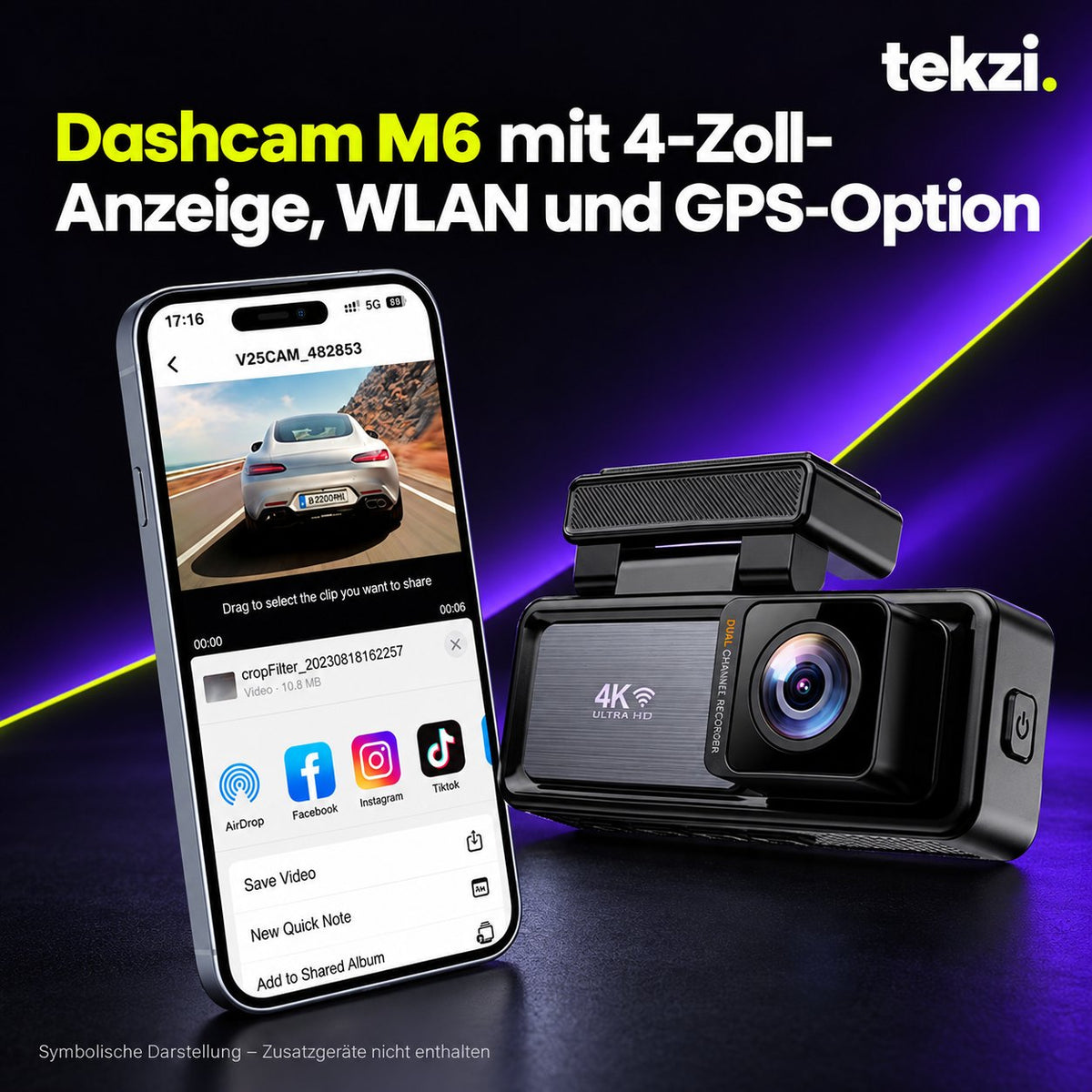 tekzi Dashcam M6 mit 4-Zoll-Anzeige, WLAN und GPS-Option – Ansicht 5 im TEKZI-Design