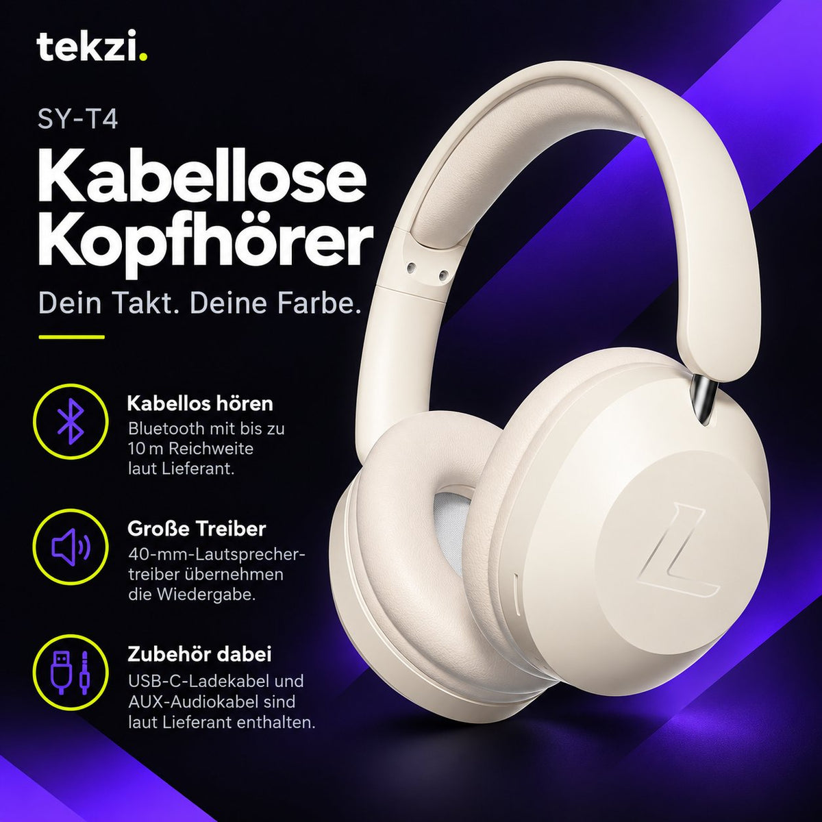 tekzi Kopfhörer SY-T4 mit Bluetooth und 40-mm-Treibern – Produktansicht 2 im TEKZI-Design