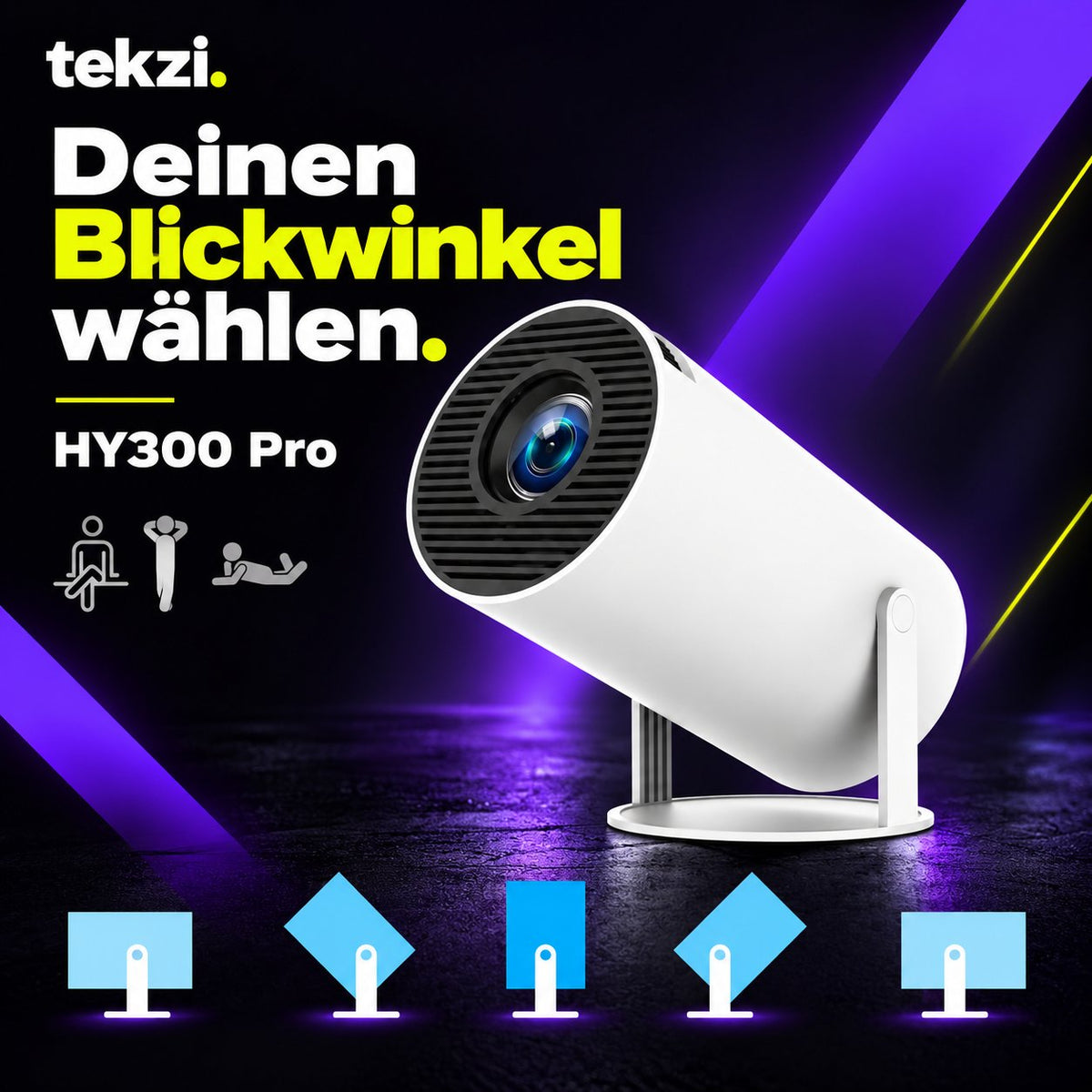 HY300 Pro Mini-Beamer – Produktansicht 4 im deutschen TEKZI-Design