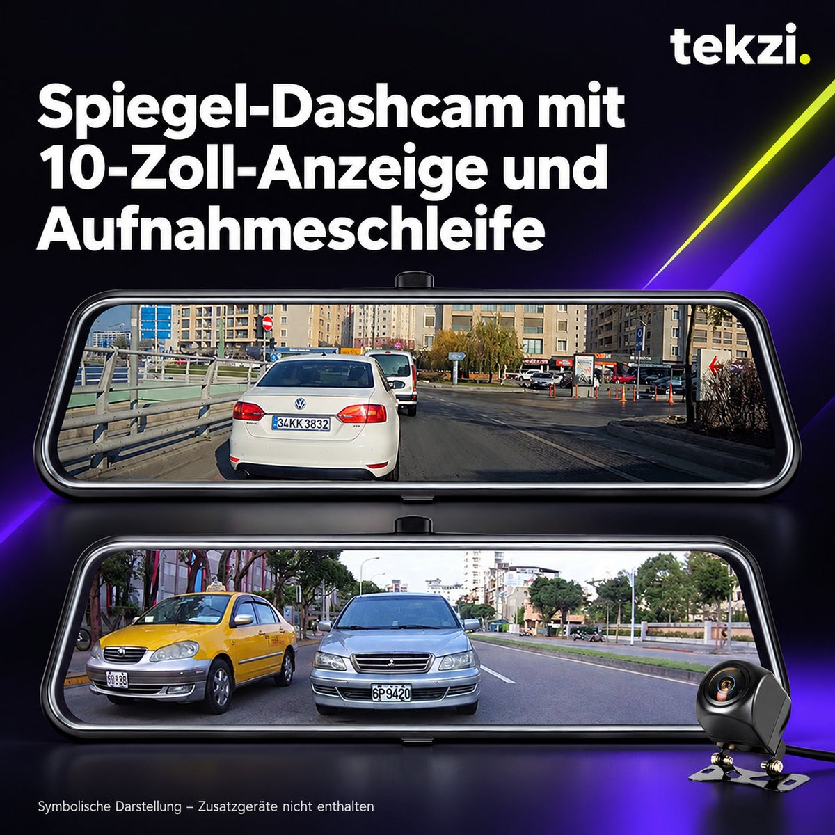 tekzi Spiegel-Dashcam mit 10-Zoll-Anzeige und Aufnahmeschleife – Ansicht 1 im TEKZI-Design