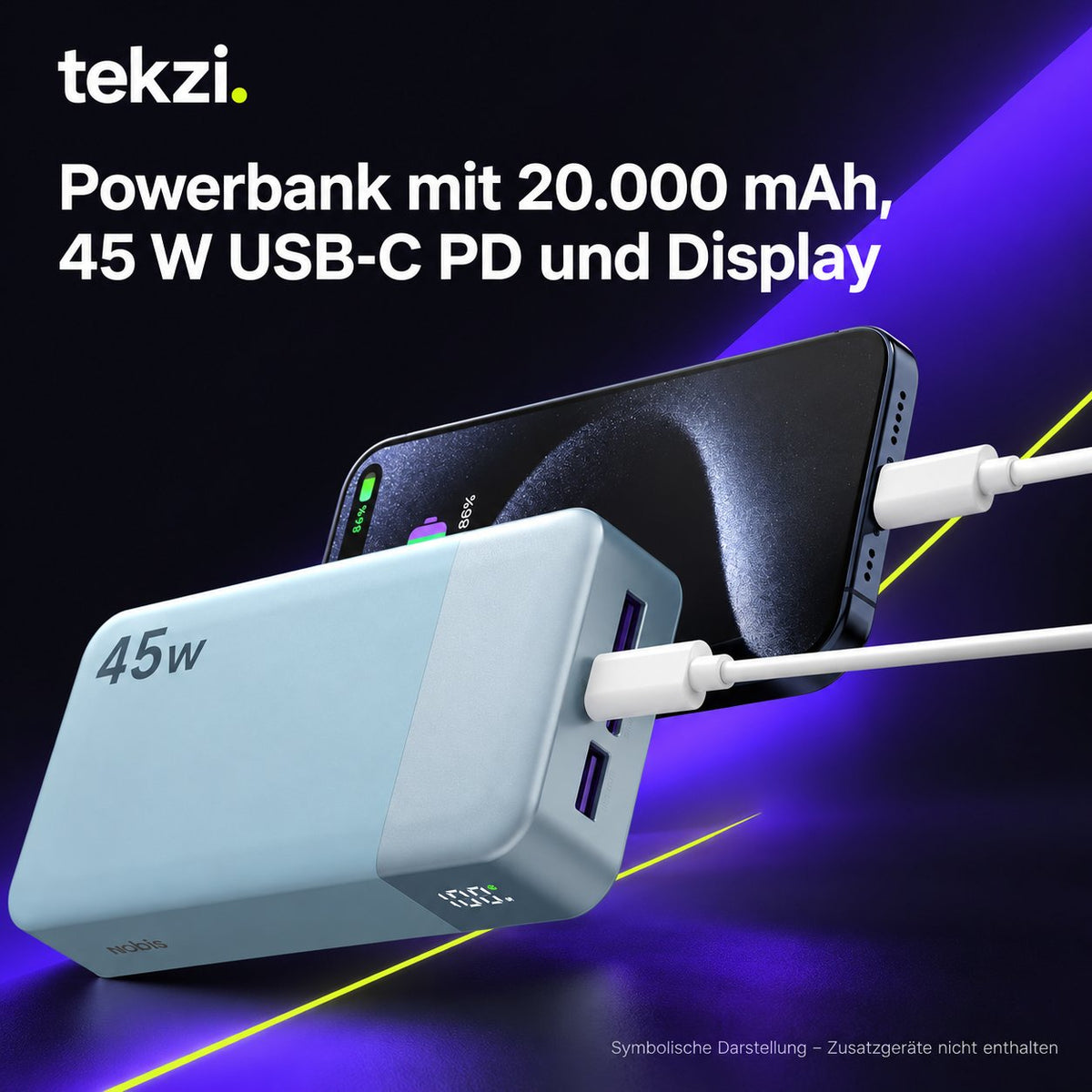 tekzi Powerbank mit 20.000 mAh, 45 W USB-C PD und Display – Ansicht 8 im TEKZI-Design