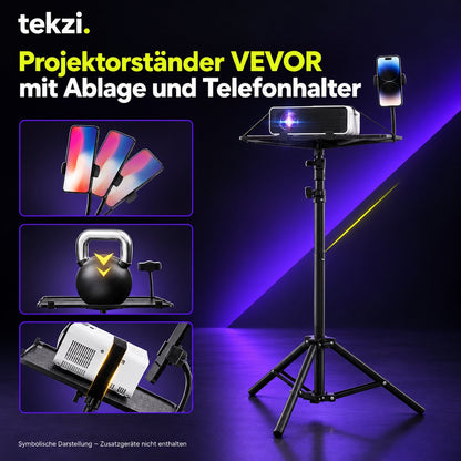 tekzi Projektorständer VEVOR mit Ablage und Telefonhalter – Ansicht 2 im TEKZI-Design