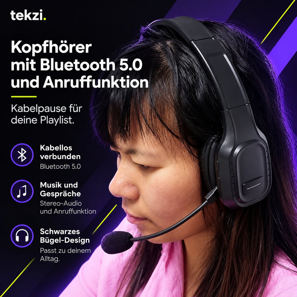 tekzi Kopfhörer mit Bluetooth 5.0 und Anruffunktion – Schwarz – Produktansicht 3 im TEKZI-Design