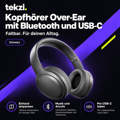 tekzi Kopfhörer Over-Ear mit Bluetooth und USB-C – faltbar – Produktansicht 6 im TEKZI-Design