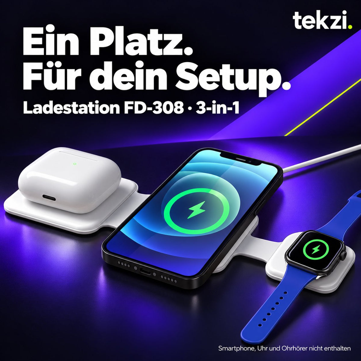 Weiße faltbare 3-in-1-Ladestation FD-308 im TEKZI-Design – gezeigte Endgeräte nicht enthalten