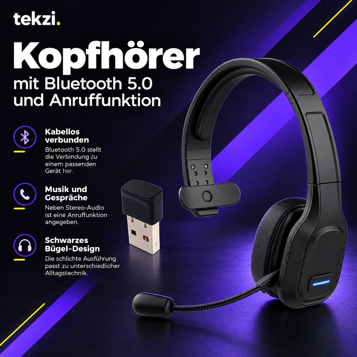 tekzi Kopfhörer mit Bluetooth 5.0 und Anruffunktion – Schwarz – Produktansicht 4 im TEKZI-Design