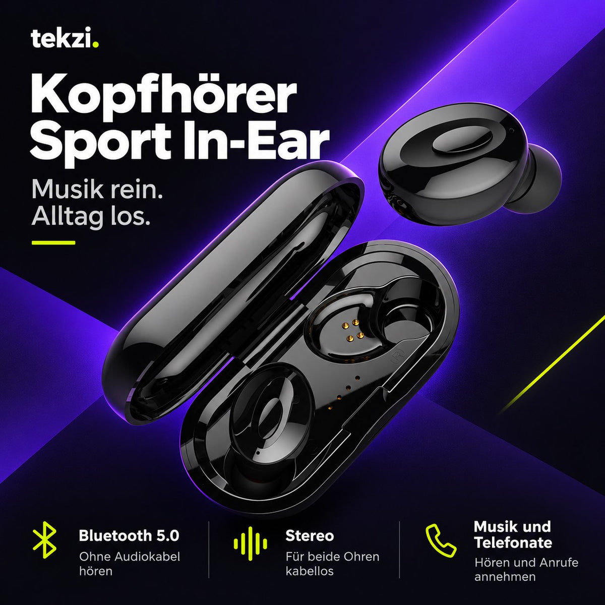 tekzi Kopfhörer Sport In-Ear mit Bluetooth 5.0 – Schwarz – Produktansicht 3 im TEKZI-Design
