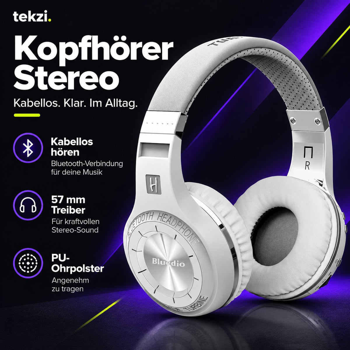 tekzi Kopfhörer Stereo mit 57-mm-Treibern – Weiß – Produktansicht 3 im TEKZI-Design