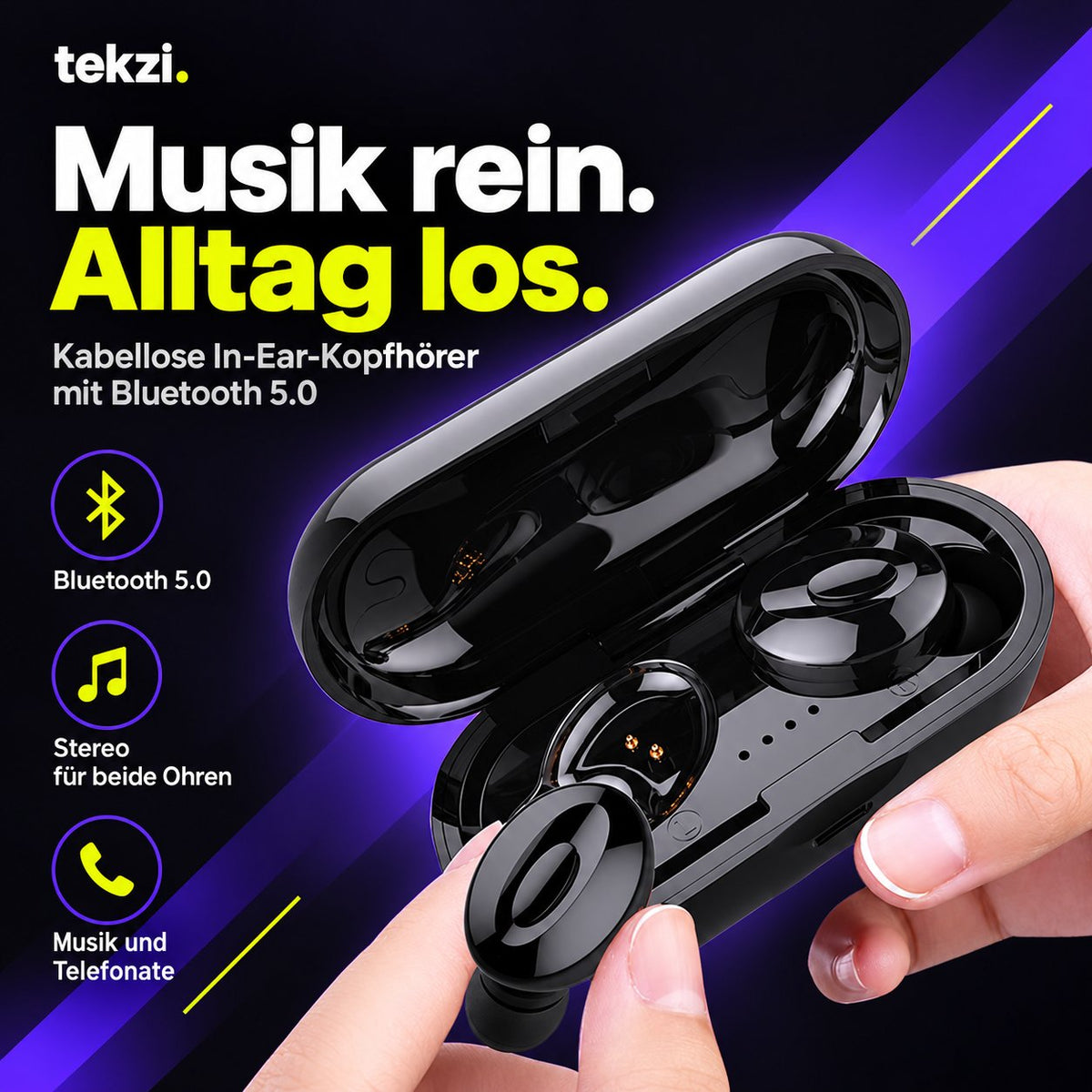 tekzi Kopfhörer Sport In-Ear mit Bluetooth 5.0 – Schwarz – Produktansicht 2 im TEKZI-Design