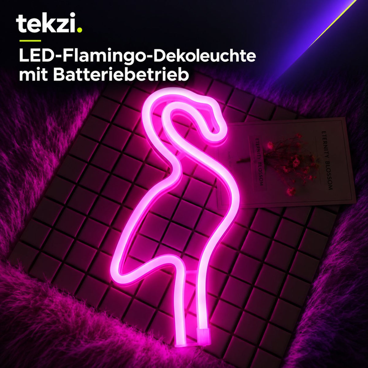 tekzi LED-Flamingo-Dekoleuchte mit Batteriebetrieb – Ansicht 3 im TEKZI-Design